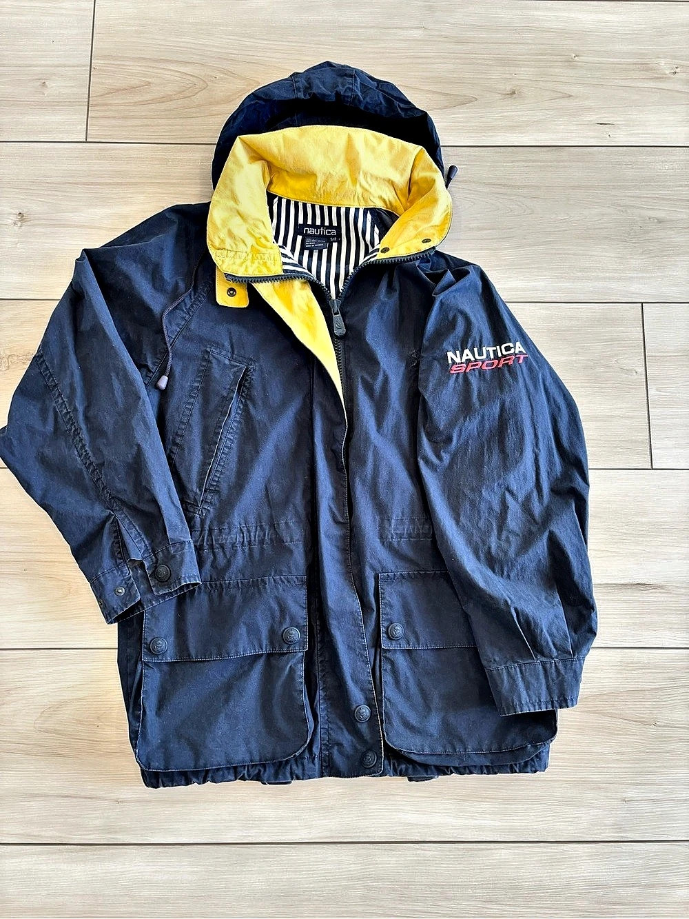 90s Vintage Nautica Sport Hooded Raincoat insulated blue Jacket Mens Size Small
